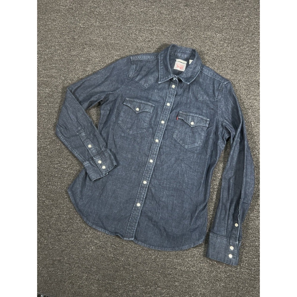 Levi's Denim Pearl Snap Shirt Women's Medium Blue Western Rodeo Cowgirl Cotton
